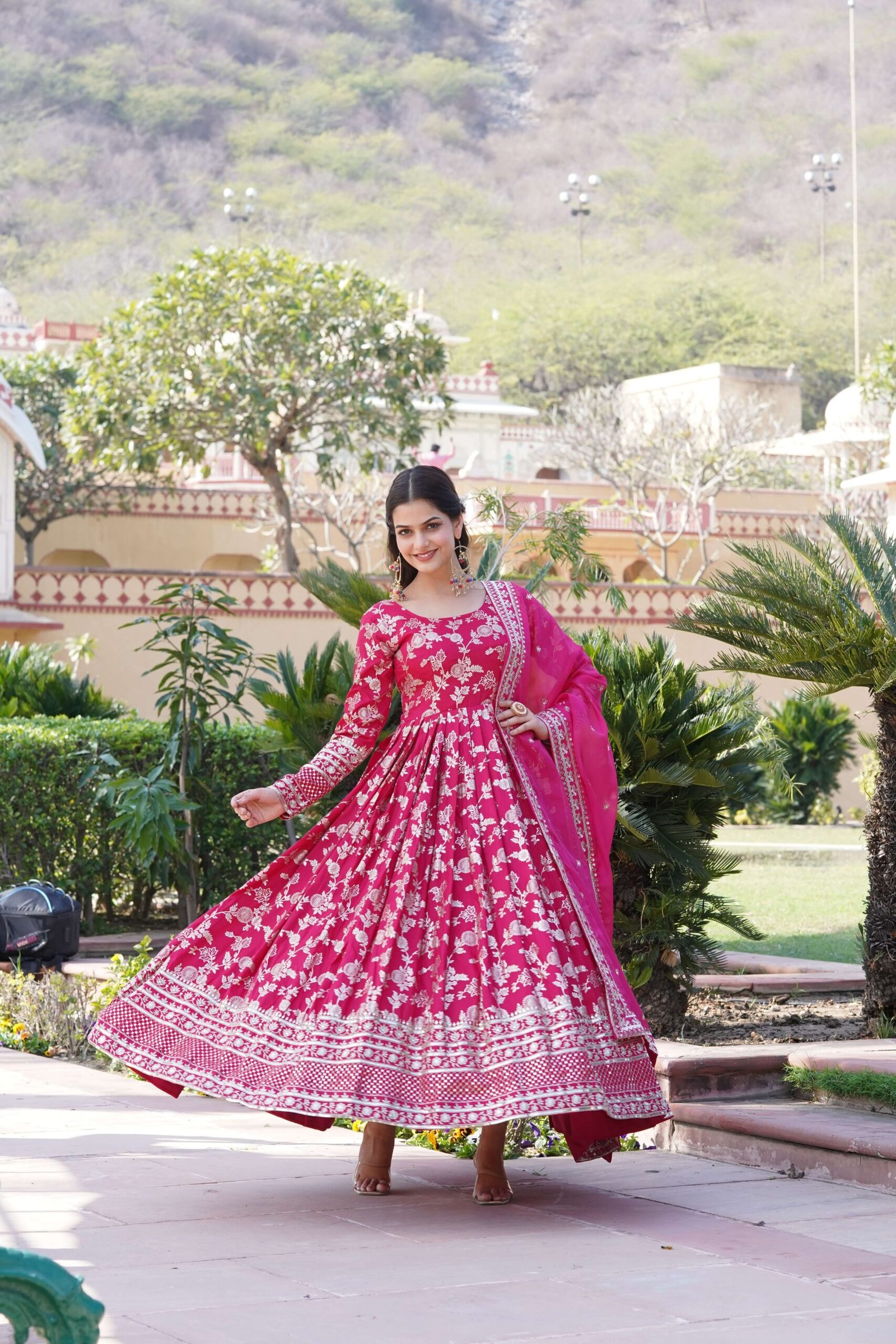 Pink Viscose Dyable Jacquard Gown with Russian Silk Sequined Dupatta ? Elegant Party & Wedding Set - Image 3