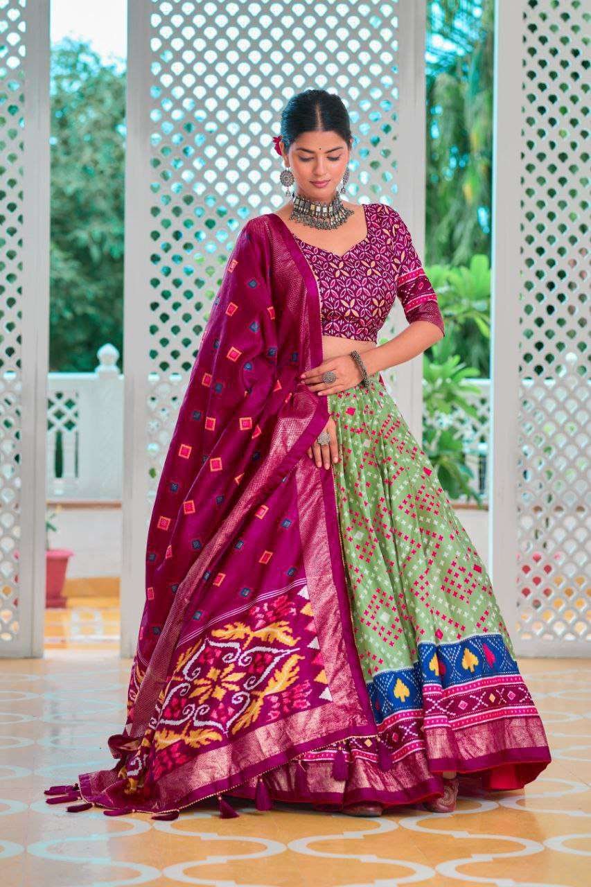 Light Green Tussar Silk Lehenga Choli with Maroon Blouse | Minakari & Foil Print | Wedding & Festive Wear