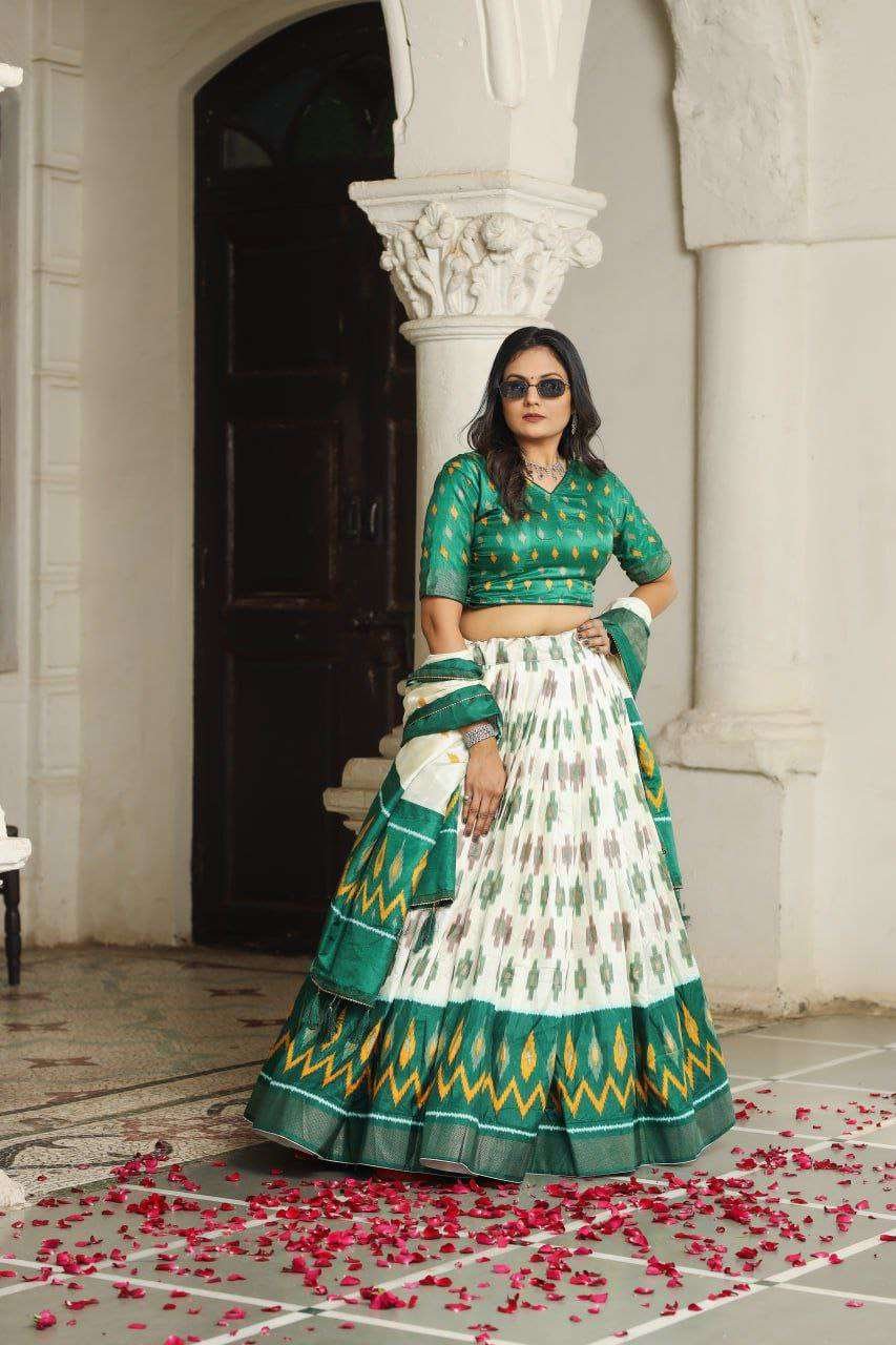 White Dola Silk Lehenga Choli with Bottle Green Blouse | Patola Print & Foil Work | Wedding & Festive Wear - Image 2