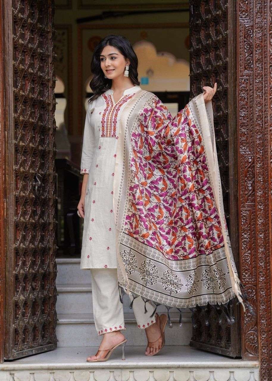 Women's Cotton Embroidered Straight Kurti With Pant and Dupatta Set - Image 5