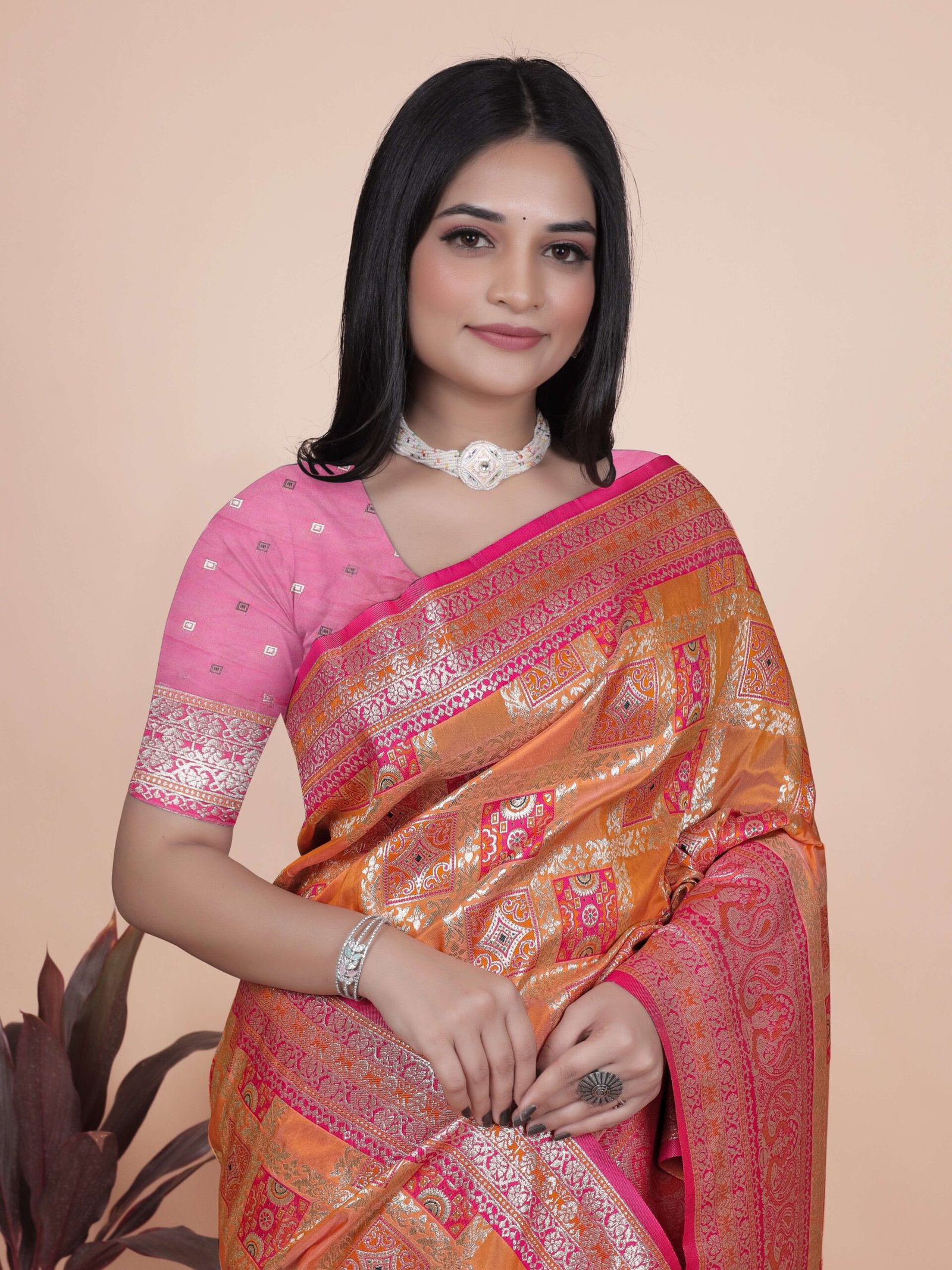Orange & Pink Banarasi Silk Saree with Silver Zari | Wedding & Festive Saree | Traditional Banarasi Saree with Rich Contrast Pallu - Image 5