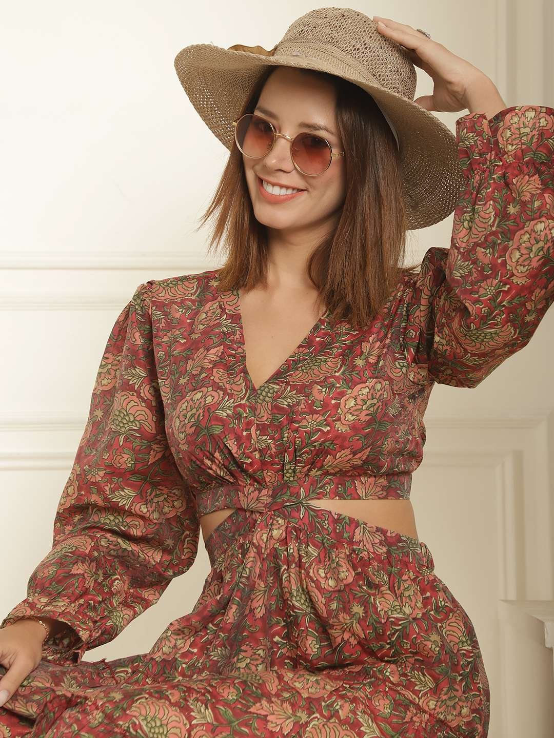 Women's Silk Printed V-Neck Long Bell Sleeves Tiered Maxi Dress Gown (Dark-Maroon) - Image 5