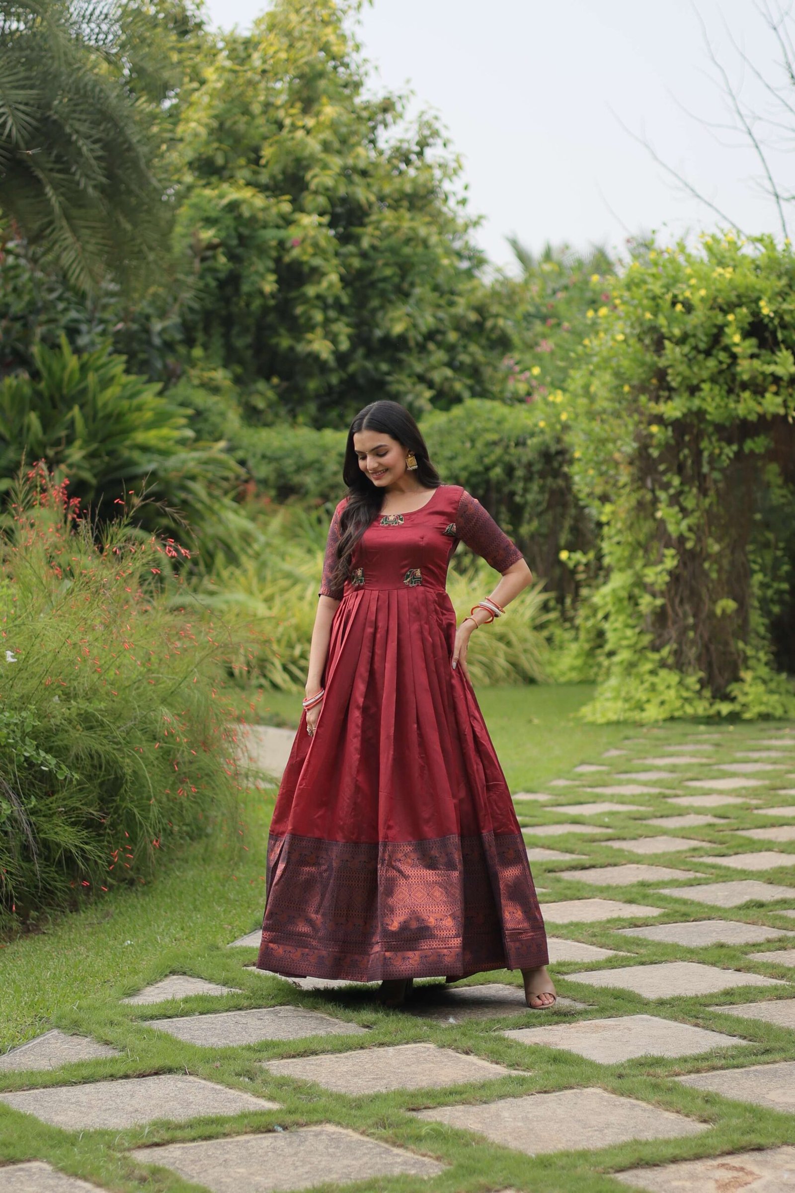 Maroon Banarasi Jacquard Silk Gown ? Elegant Free-Size Designer Party & Wedding Wear - Image 6