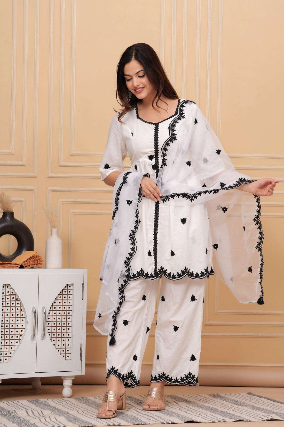 Women's Cotton Embroidery Work Straight Kurti with pant and Dupatta Set - Image 3