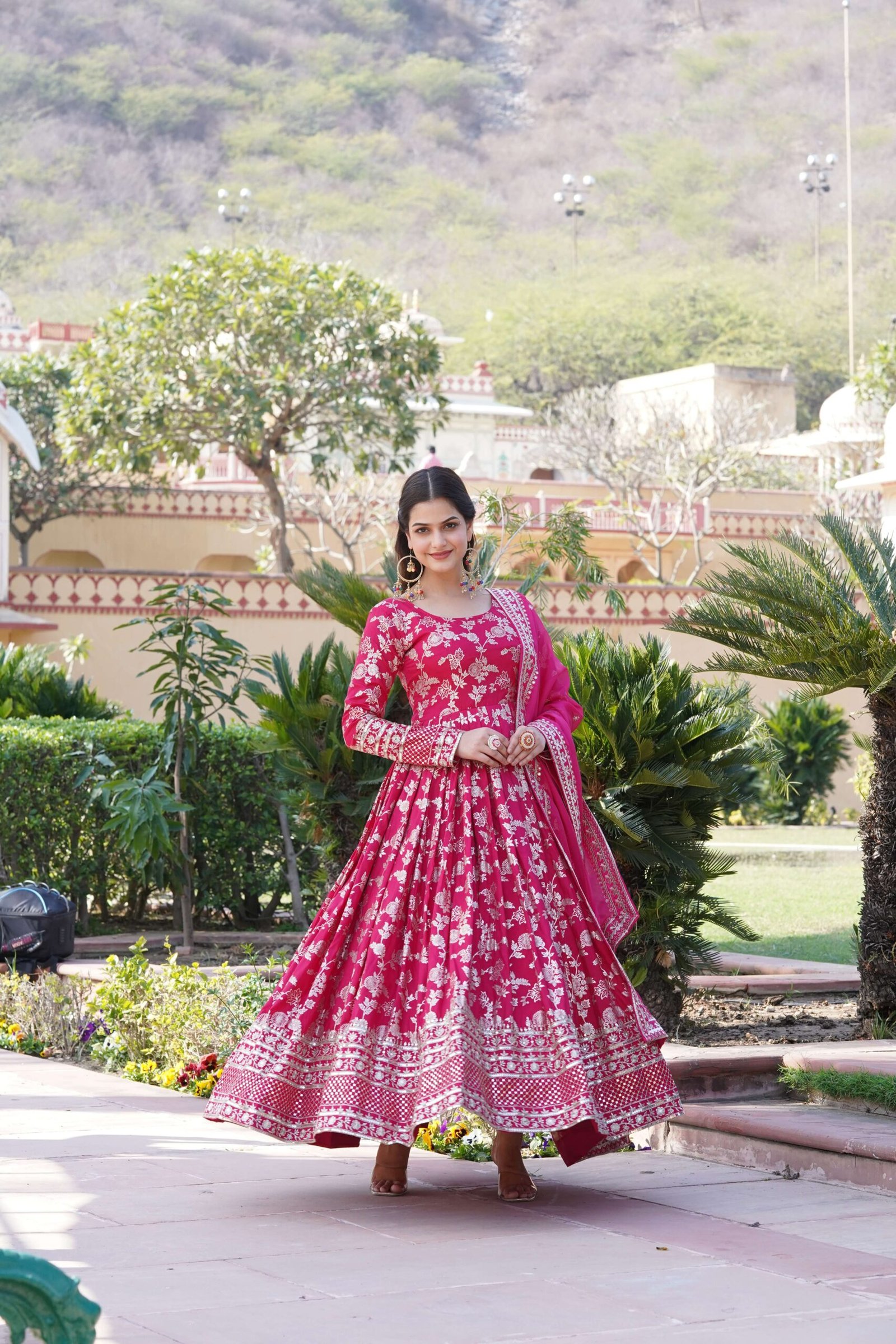Pink Viscose Dyable Jacquard Gown with Russian Silk Sequined Dupatta ? Elegant Party & Wedding Set - Image 4