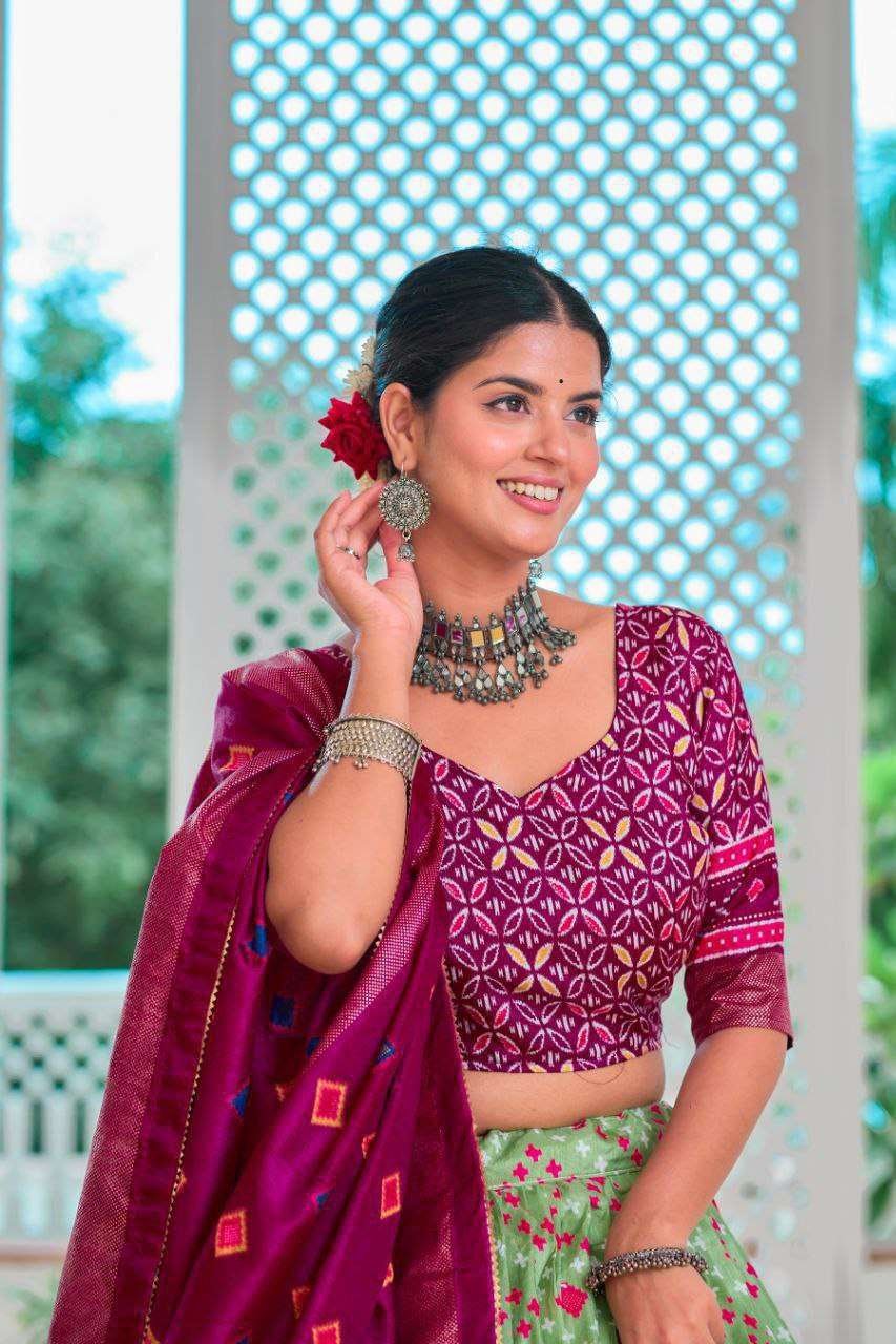 Light Green Tussar Silk Lehenga Choli with Maroon Blouse | Minakari & Foil Print | Wedding & Festive Wear - Image 2