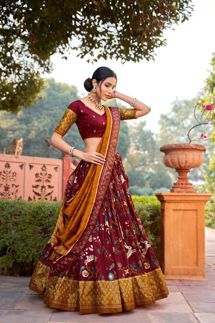 Magenta Maroon Tussar Silk Lehenga Choli with Magenta Maroon Blouse | Minakari & Foil Print | Wedding & Festive Wear - Image 2