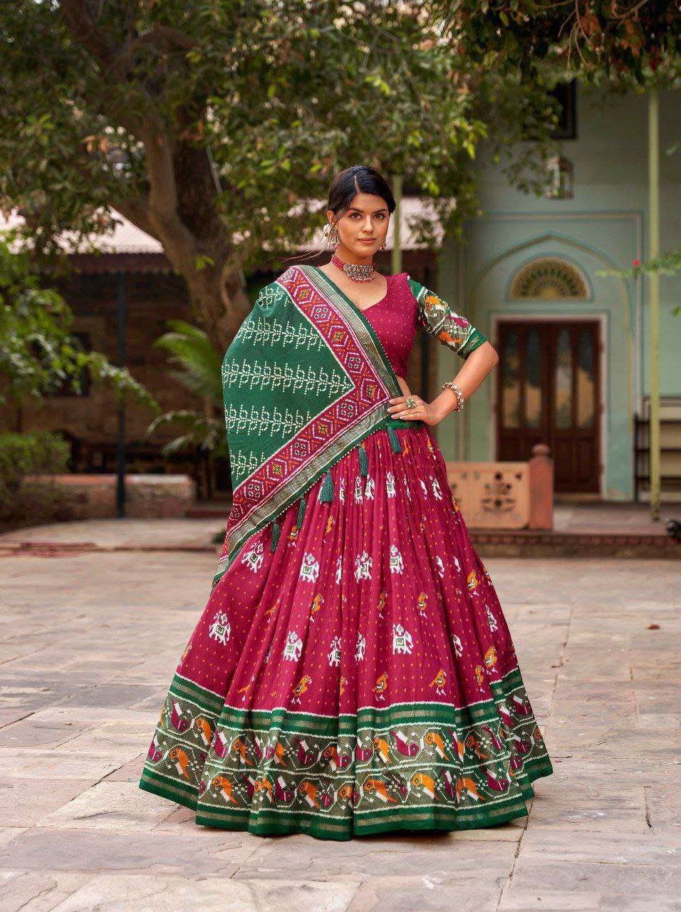 Maroon Tussar Silk Lehenga Choli with Green Blouse | Patola Print & Foil Work | Wedding & Festive Wear