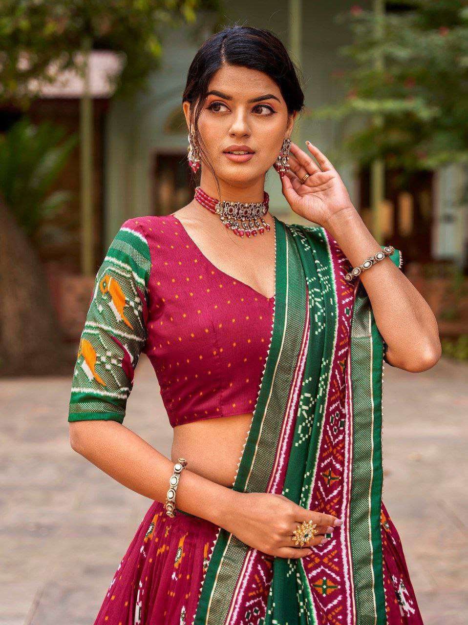 Maroon Tussar Silk Lehenga Choli with Green Blouse | Patola Print & Foil Work | Wedding & Festive Wear - Image 2