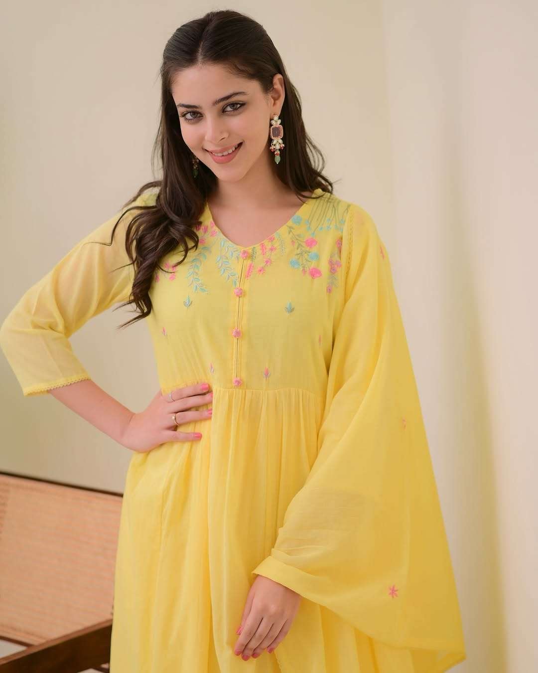 Women's Cotton Embroidered Anarkali Kurti With Pant and Dupatta set