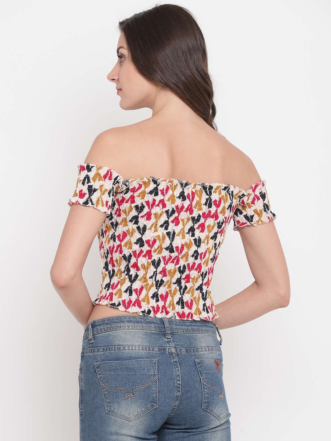 Women's Rayon Printed Off-Shoulder Smocked Crop Top Short Sleeve Casual Styles Tank Top (FREE SIZE) Multi31 - Image 3